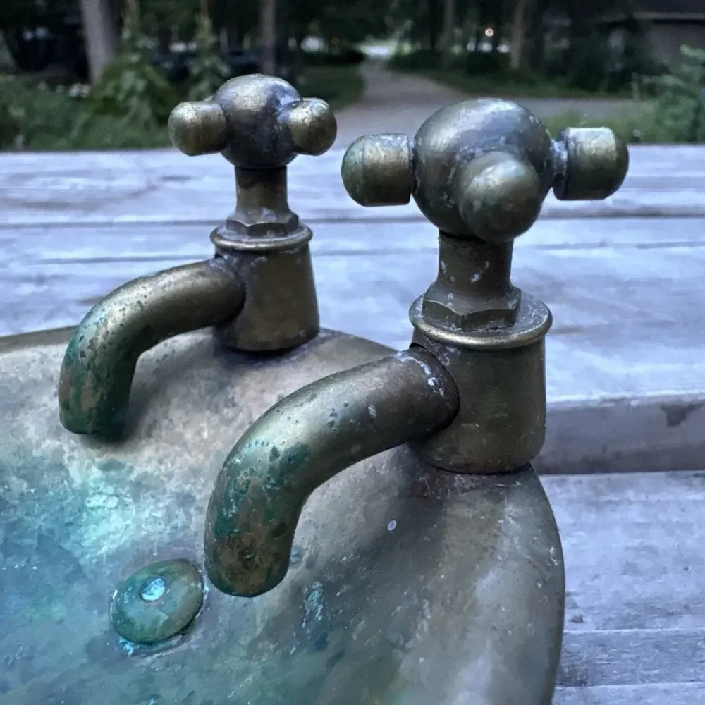 Vintage Brass Metal Footed Bathtub Soap Dish with Spigots Patina